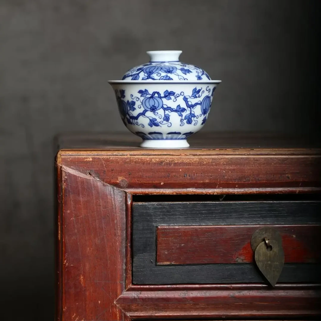 锦溪柴窑  青花瓜藤盖碗 藤蔓连绵硕果丰 寓意福运绵长 150cc