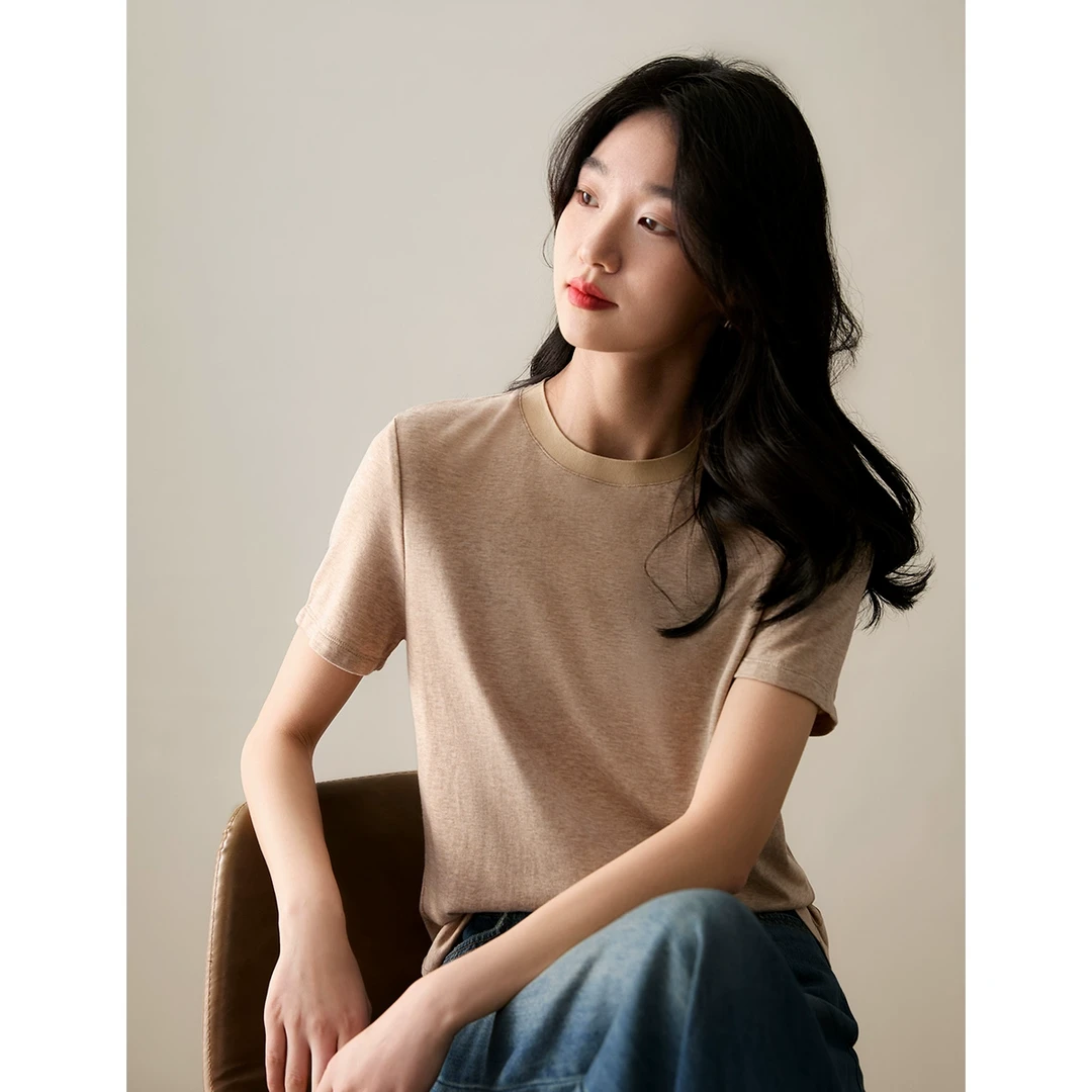 笑涵阁 舒适感入！圆领短袖T恤弹力上衣女25春季新款TXB880474MG