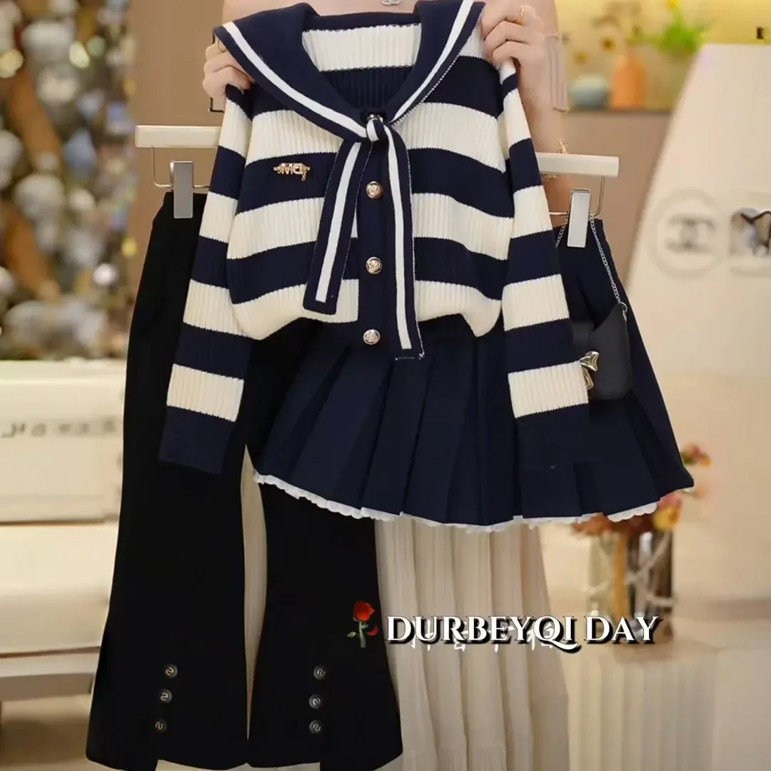 DURBEYQI/朵贝奇女童2025秋季新款海军领开衫学院风裙裤套装5695