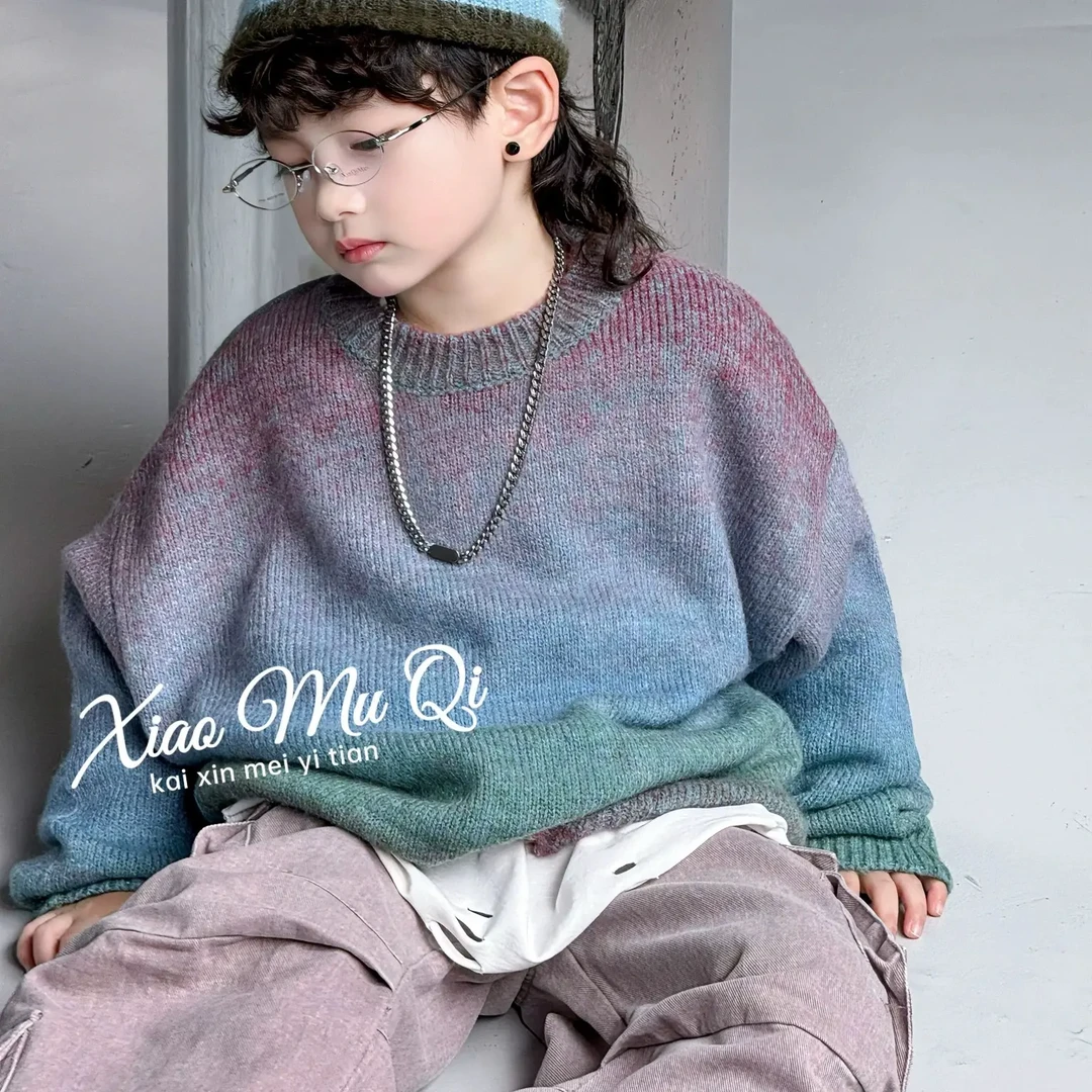 男童女童嘻哈风圆领扎染男童休闲风渐变薄款毛衣针织衫