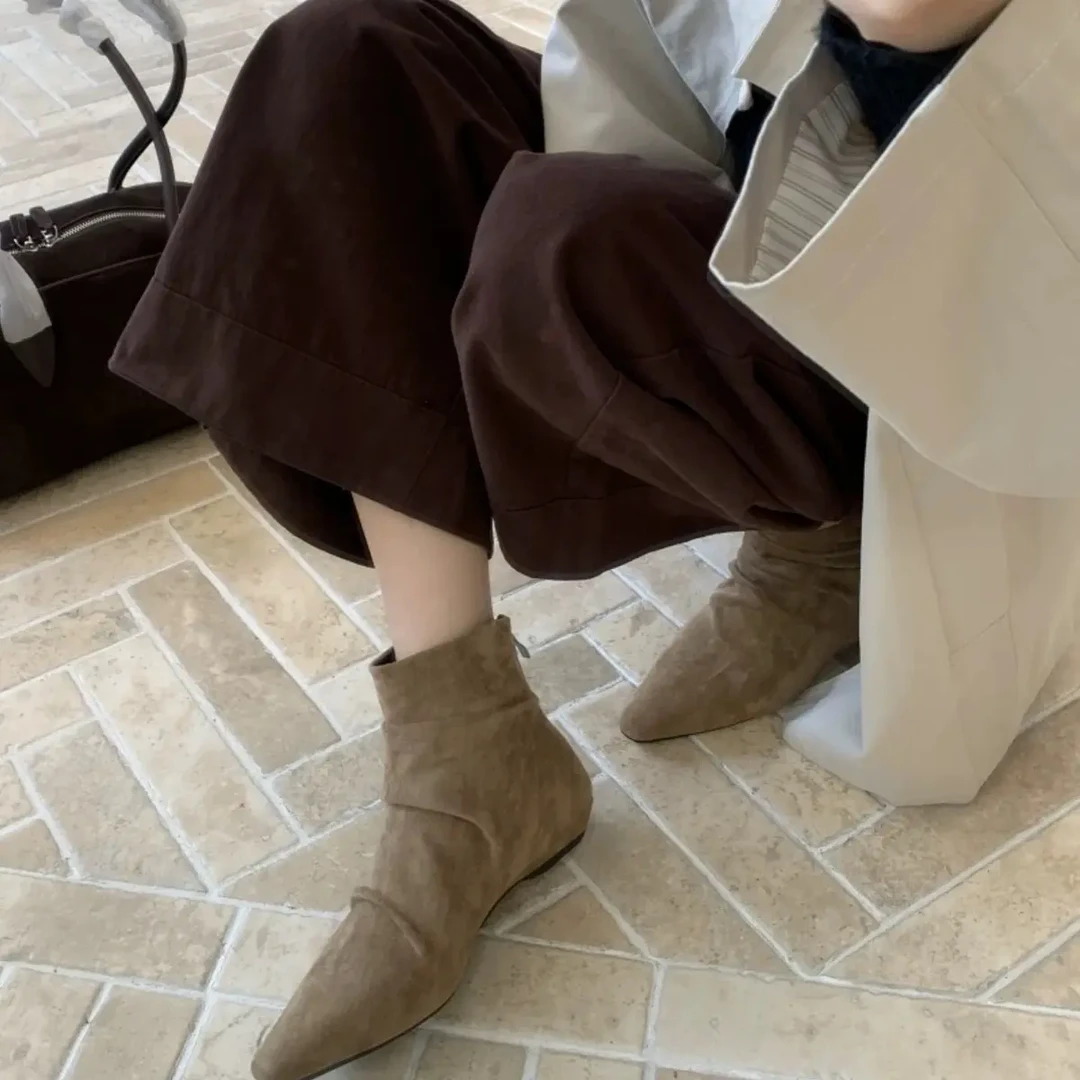 法式小众~褶皱堆堆靴尖头绒面瘦瘦靴子西部牛仔靴女6820-6/A3