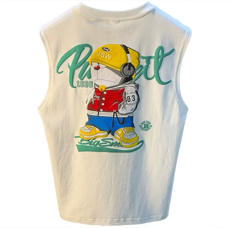 真维斯白色背心男夏季新款卡通动漫印花无袖体恤衫潮流宽松吸汗T