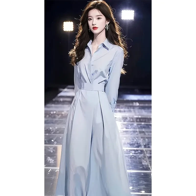 衬衫连衣裙女2025春季新款韩系气质收腰显瘦翻领设计感中长款裙子