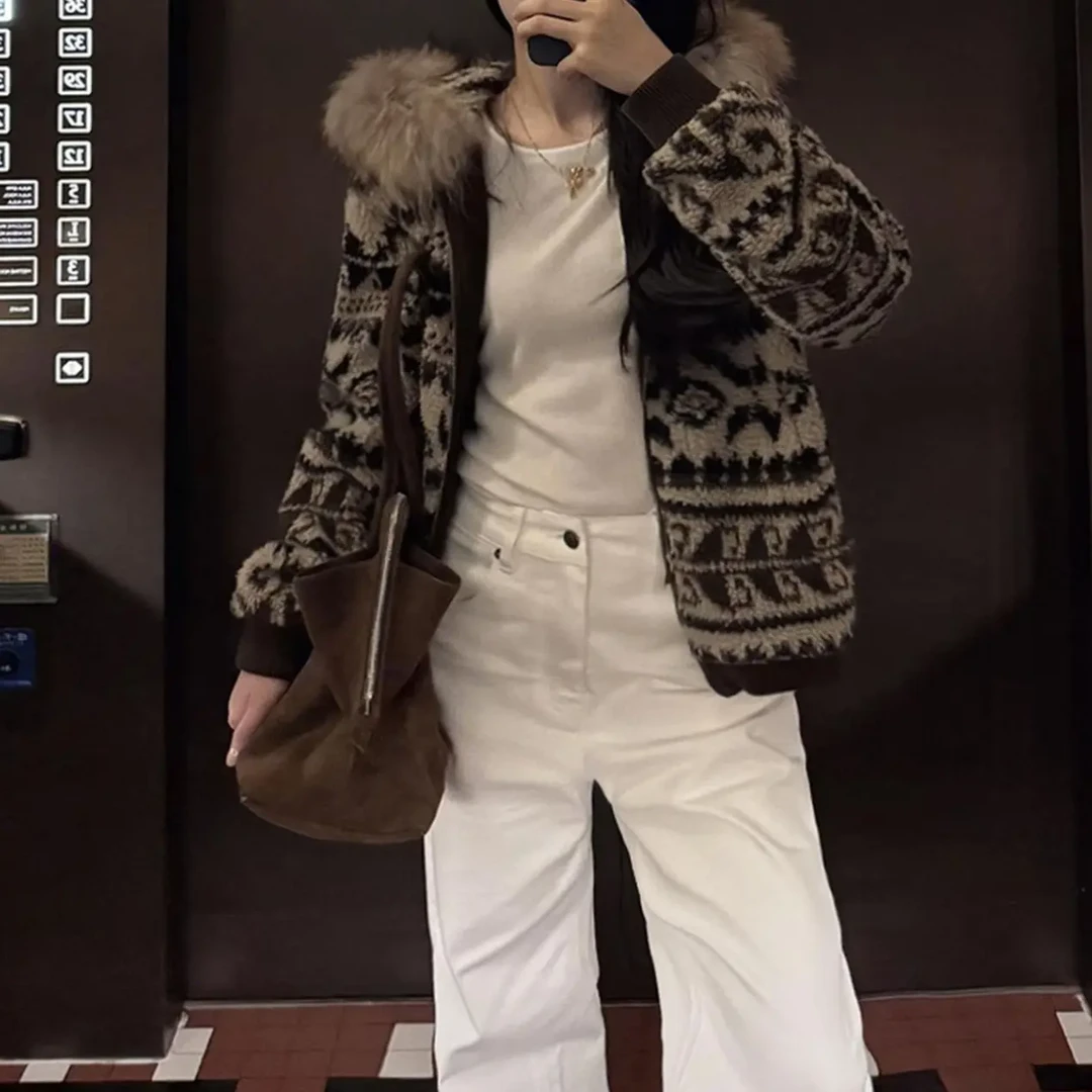 【妙女郎】费尔岛风真毛领加厚保暖连帽外套1109