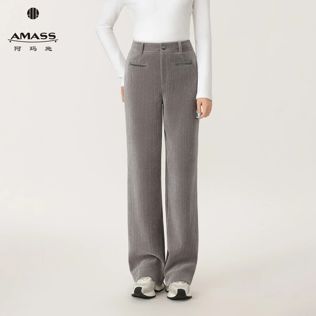 AMASS/阿玛施秋冬新款灰色宽松显瘦链条雪尼尔直筒休闲裤女510058