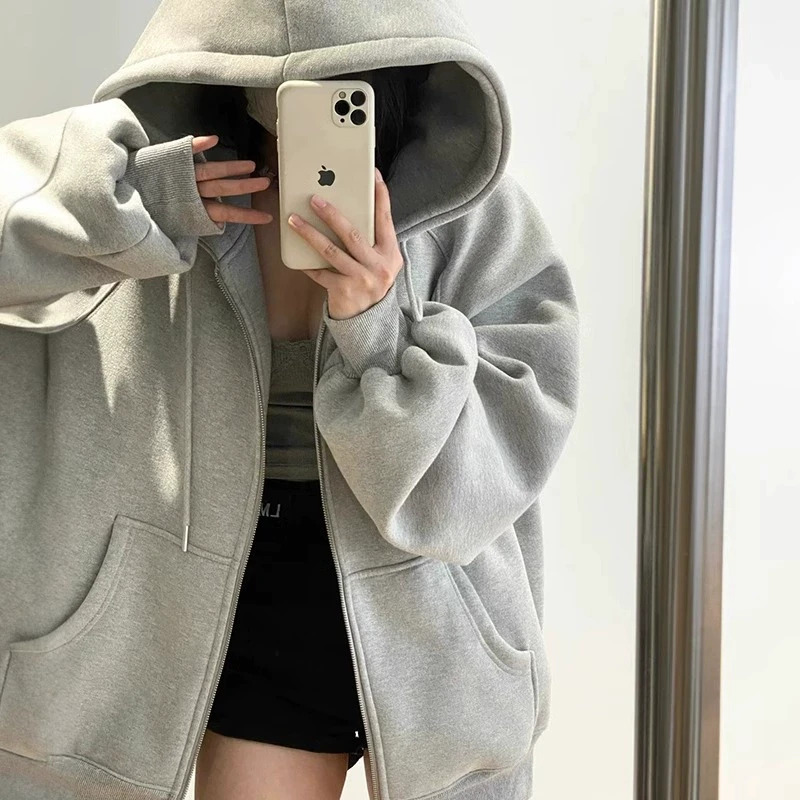 芯娇晴连帽卫衣女春秋款重磅硬挺美式灰色外套拉链春秋季加绒上衣