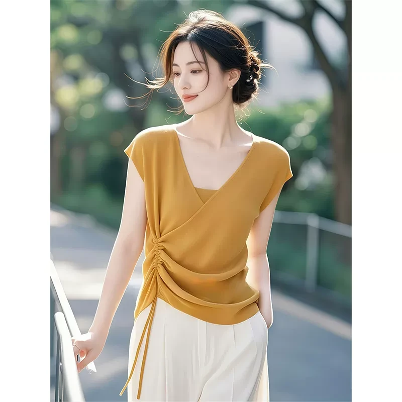 冰丝短袖t恤女2025新夏季爆款设计感超好看独特漂亮抽绳针织上衣