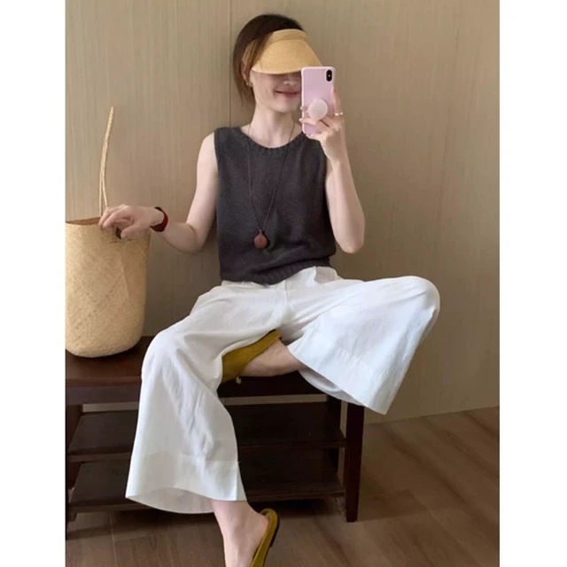 夏日绝美清冷松弛感穿搭灰色背心亚麻长裤两件套装夏季女2025新款