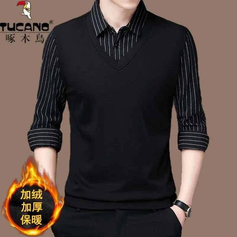 啄木鸟男士冬季加绒加厚长袖假两件T恤上衣衬衫领保暖打底衫百搭