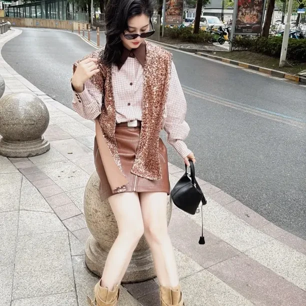 uhot/诱货粉咖格纹亮片披肩长袖衬衫女学院风慵懒松弛感