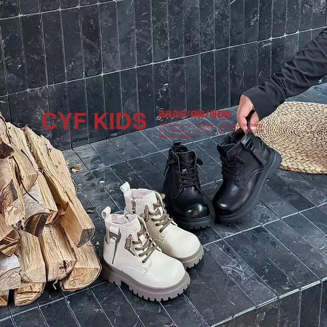 短靴圆头厚底秋冬靴子男女通用皮靴皮革拼接加绒休闲男百搭嘻哈风