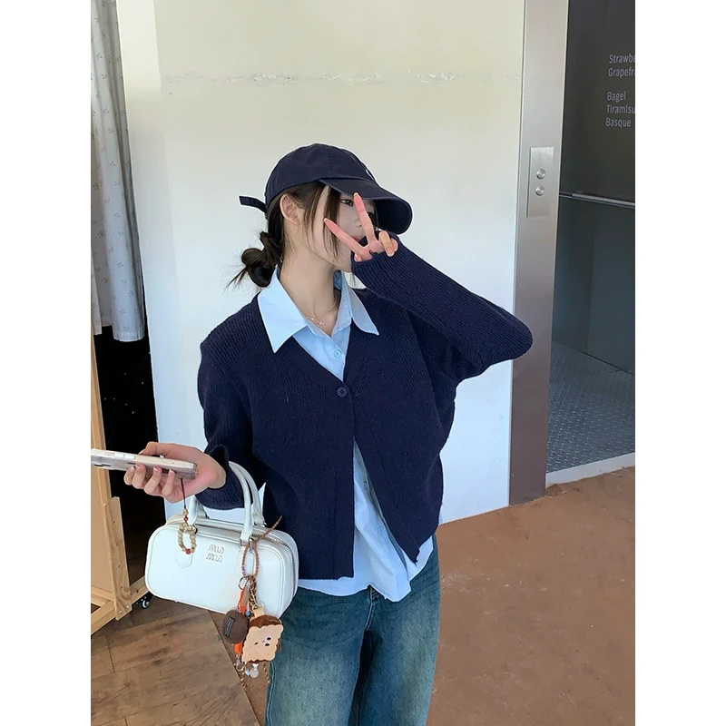 【年货捡漏】乌77假两件Polo领毛衣开衫女宽松百搭衬衫拼接针织上衣