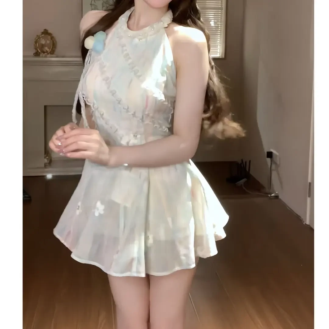 茉莉青绿 夏季甜美显瘦收腰设计感连衣裙法式新款高级感蓬蓬裙女