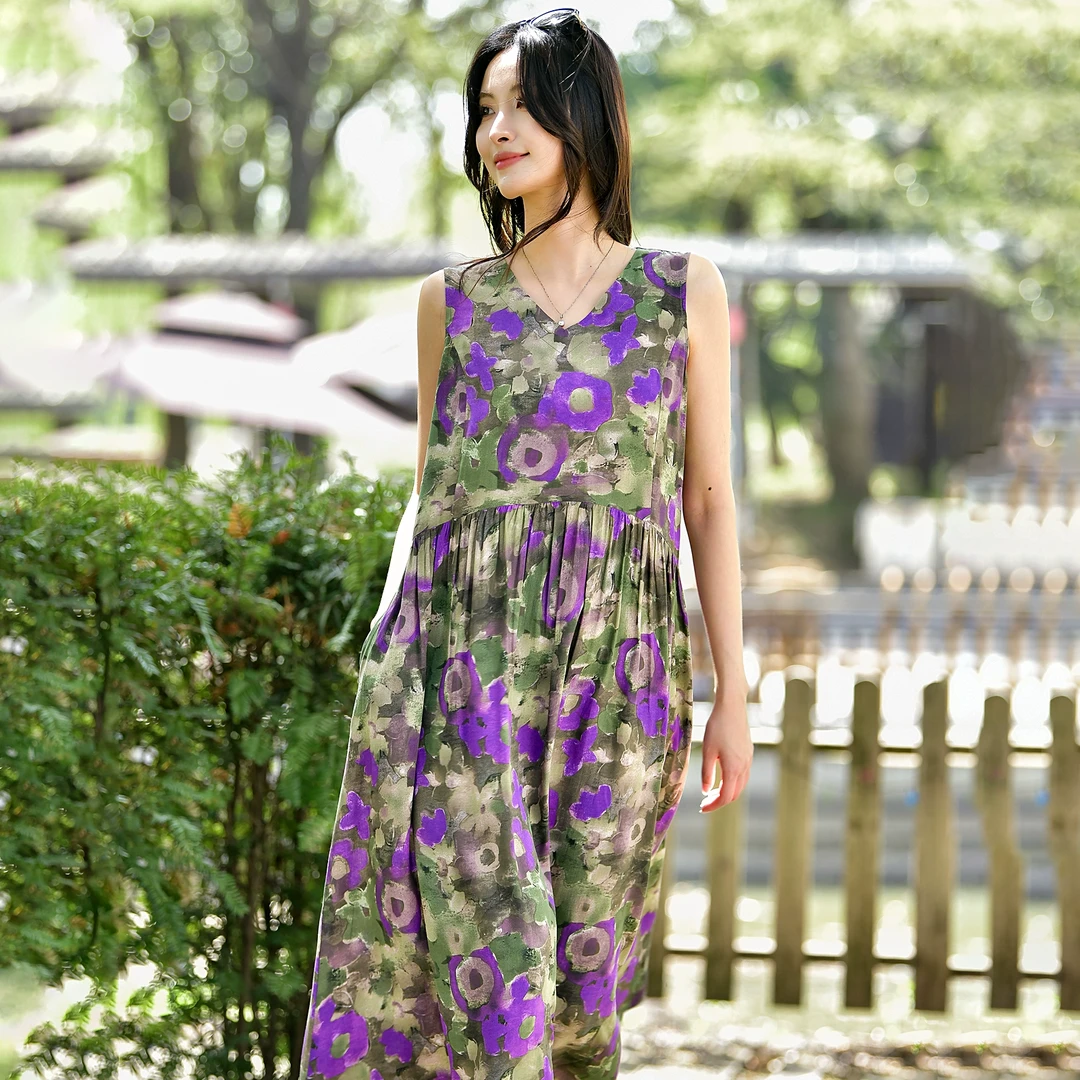 棉绸连衣裙女2025夏季新款无袖宽松大码休闲人造棉时尚外穿长裙子