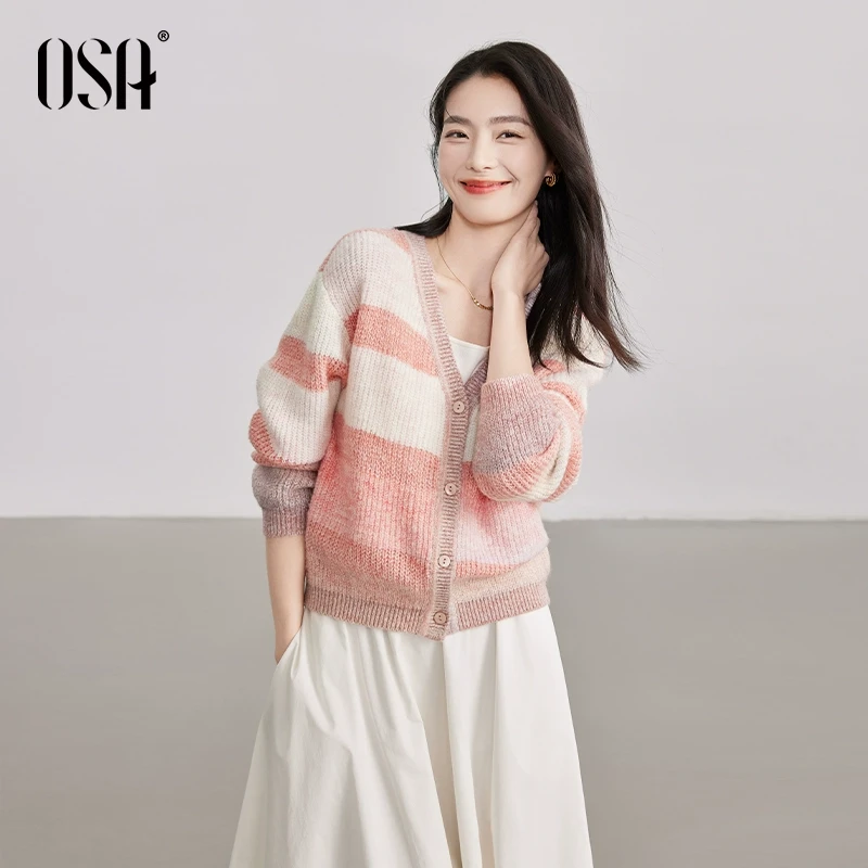 OSA渐染色薄款针织开衫女士新款早春拼色外套宽松上衣S125A16016