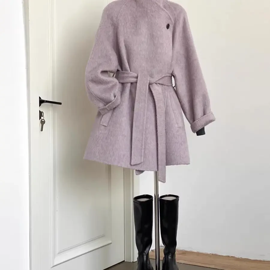 秋冬新款高级感小个子赫本风中长款紫色呢子大衣外套女