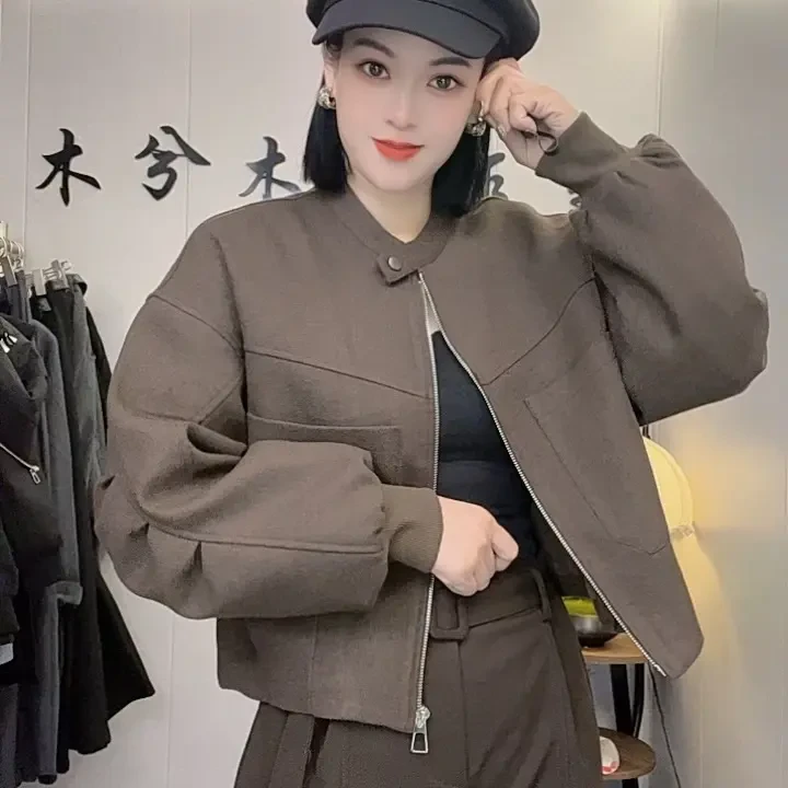 《木兮木》秋冬新款设计感韩版立领夹棉毛呢夹克短款外套