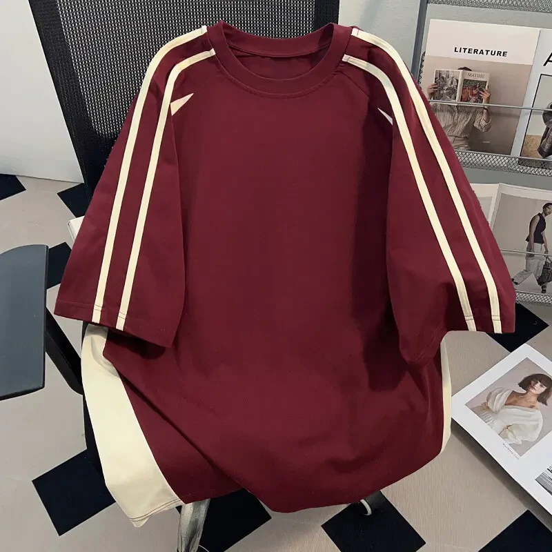 酒红色条纹纯棉重磅短袖T恤男夏季美式潮牌痞帅创意港风五分半袖