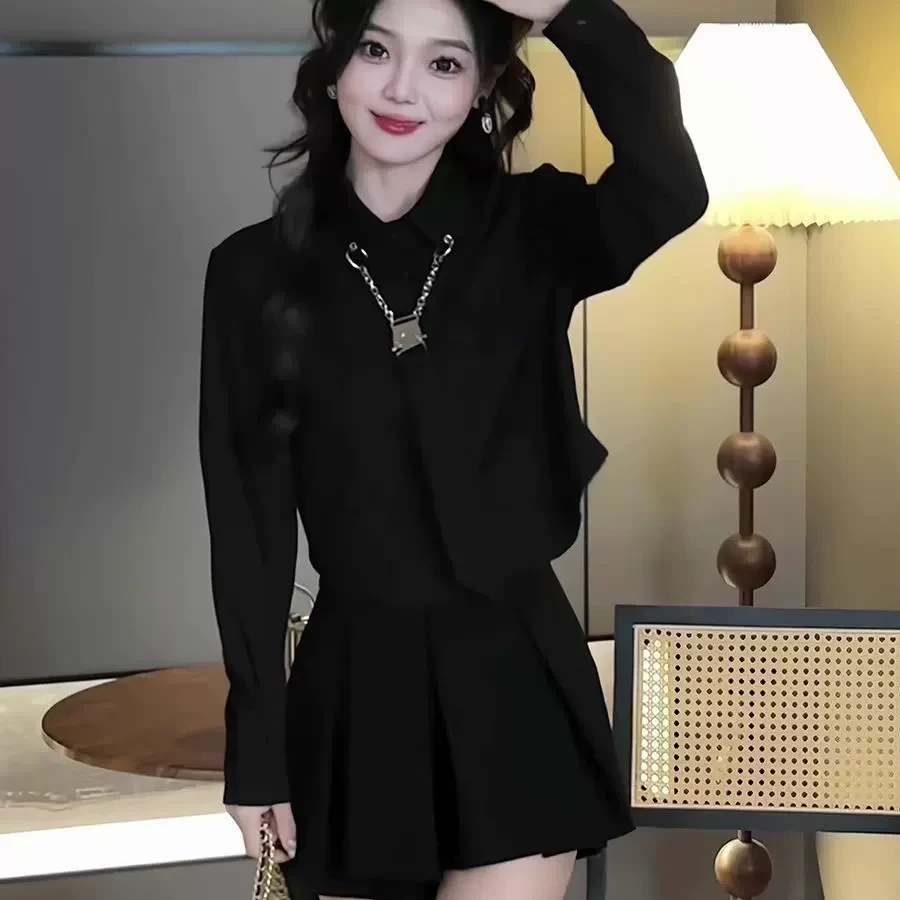 小个子穿搭一整套女装2025春季新款韩系长袖领带衬衫裤裙两件套装