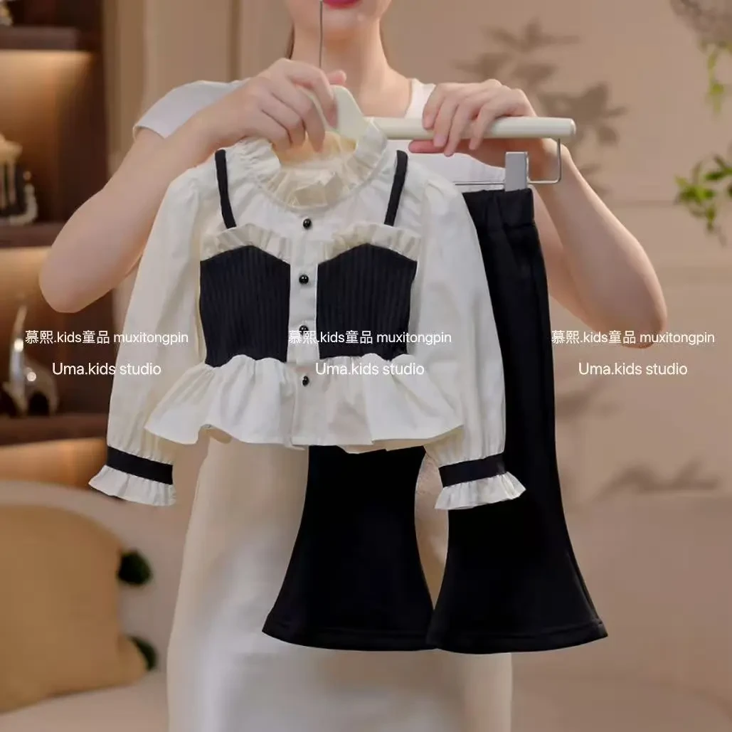 2025金秋季新款女童时尚气质木耳领假两件上衣+喇叭裤两件套