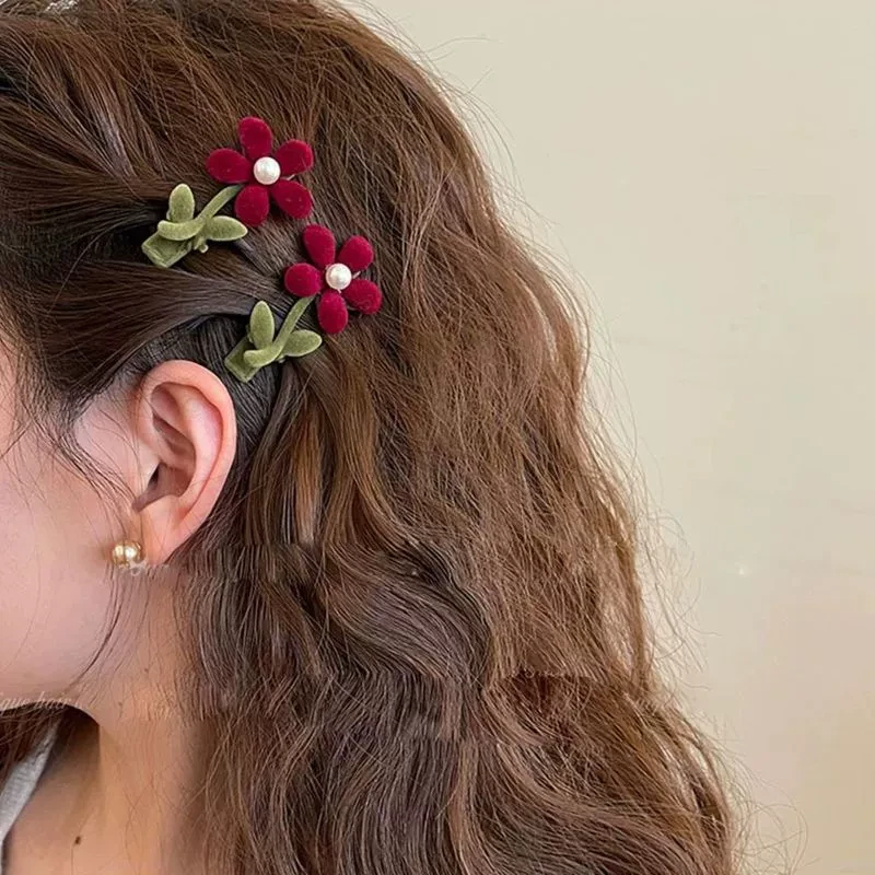 小红花植绒花朵发夹女秋冬新款原创设计日韩风合边夹头饰鸭嘴夹