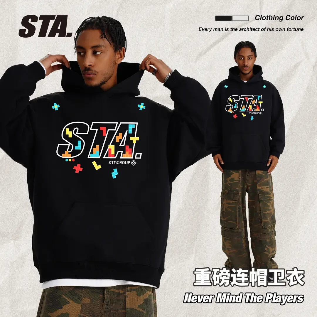 STA国潮400克重连帽卫衣重磅男女同款春秋男上衣百搭国潮男款