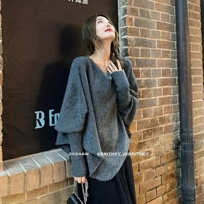 慵懒风领针织衫毛衣外套2025春秋新款不规则设计感蝙蝠袖女上衣