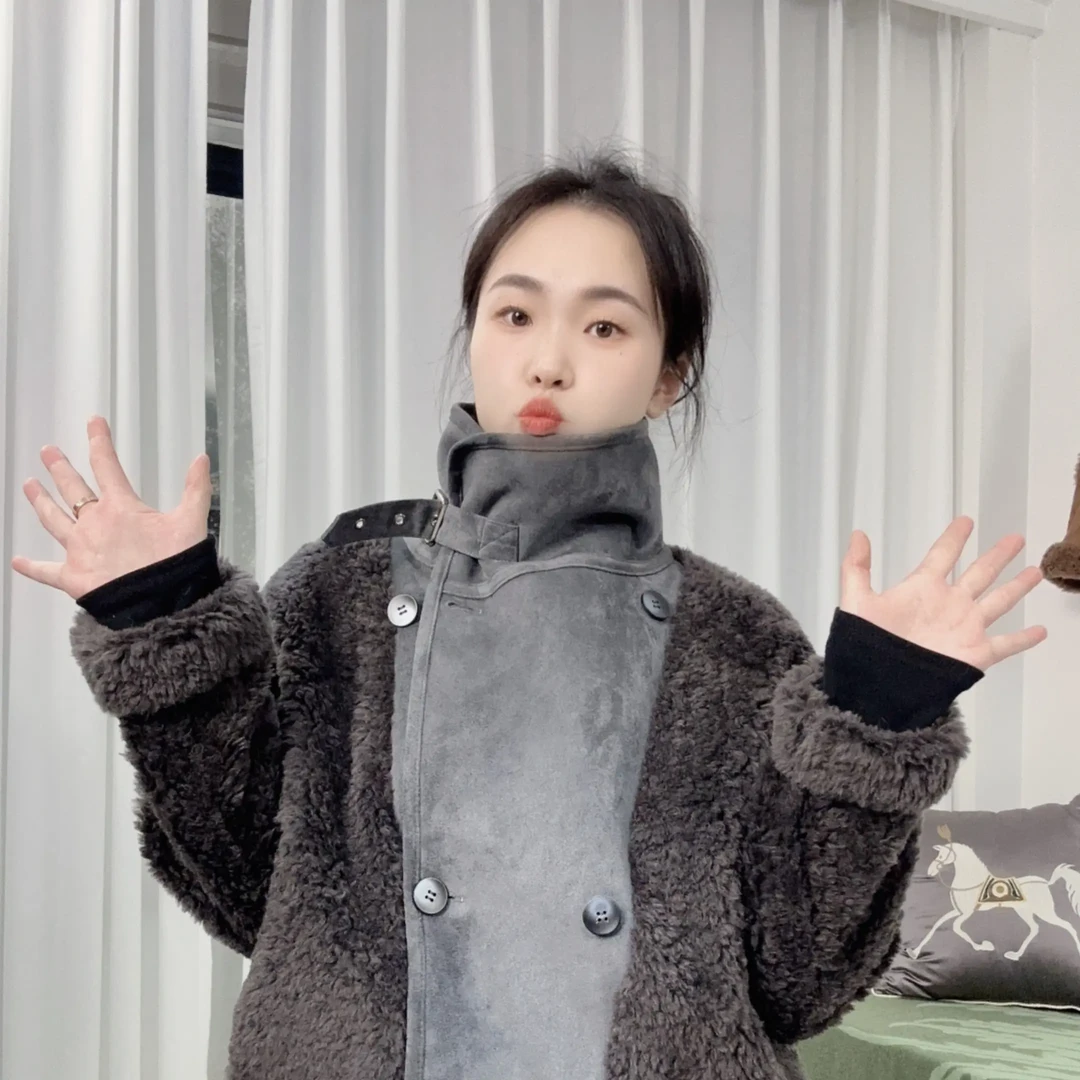 绵羊毛设计师时尚休闲短外套气质冬季保暖宽松型立领