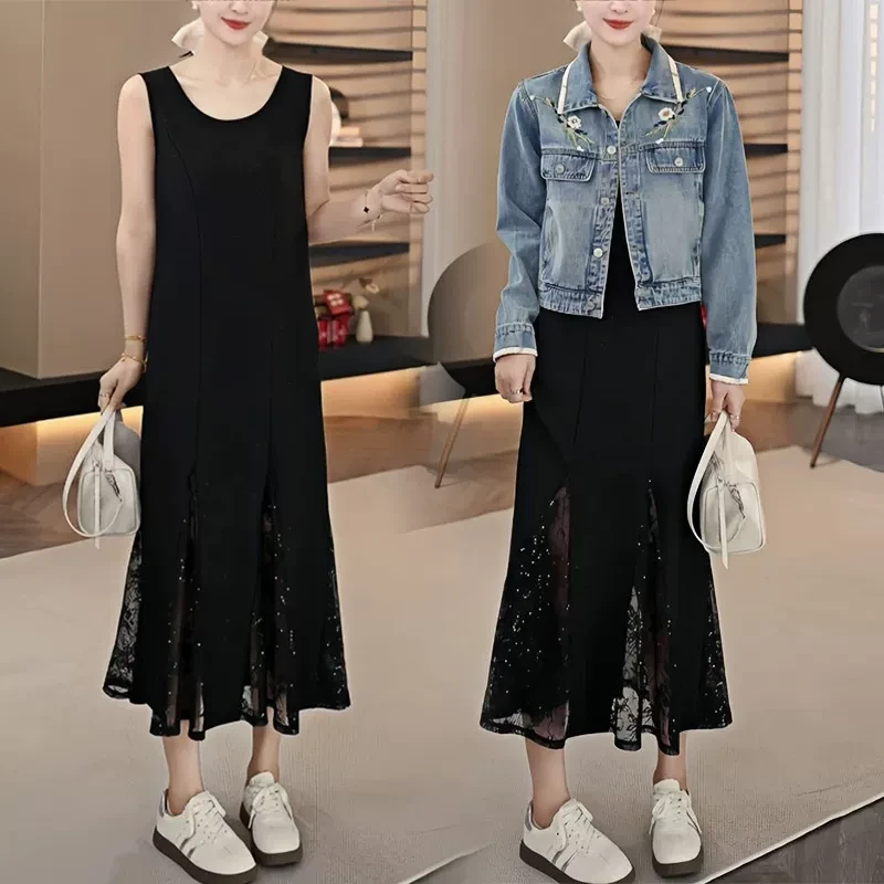 气质百搭显瘦背心吊带打底裙子女2025春季新款时尚拼接蕾丝连衣裙