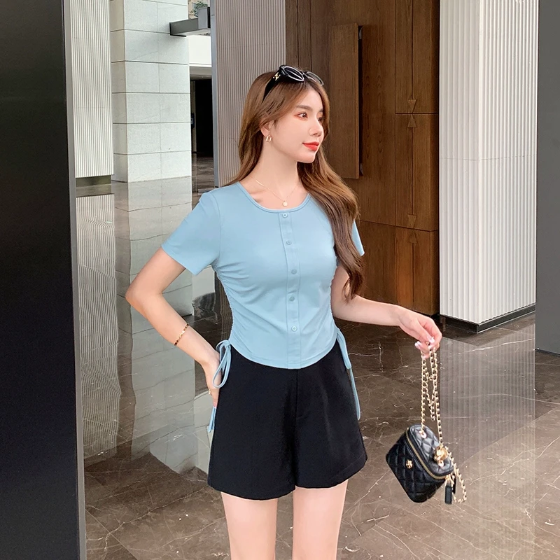 林关关 冰丝T恤休闲短袖女设计感小众短款修身54663