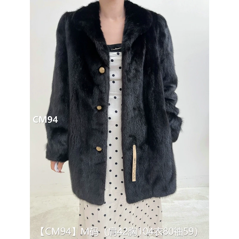 【CM94】M码 红黑色全抽中长款貂皮大衣皮草外套 翻立领泡泡袖