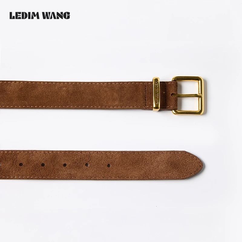 LEDIM WANG极简棕色3.5cm麂皮皮带金属中针扣腰带