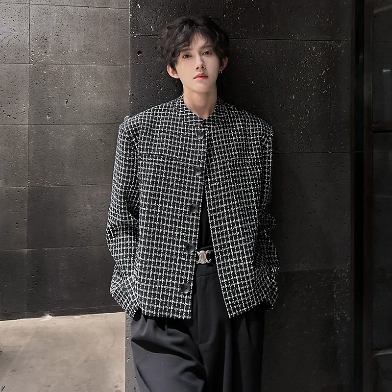 小香风垫肩西装外套男春秋季高级感痞帅短款西服男模穿搭工装夹克