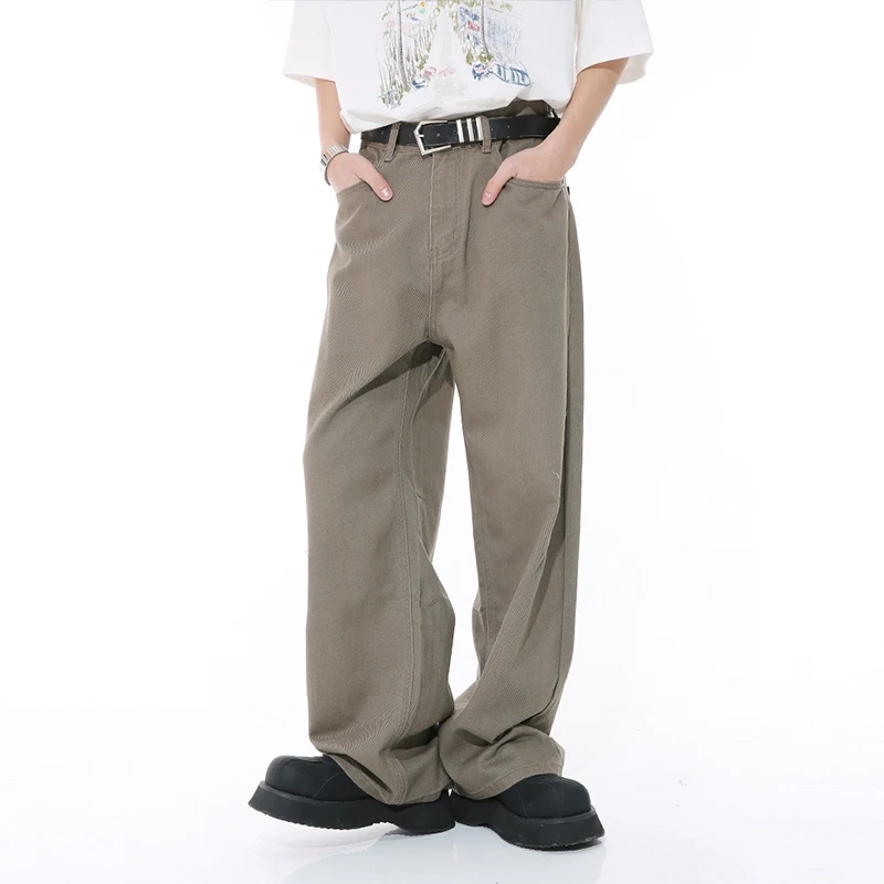 Voguo Relay韩版宽松直筒卡其色百搭纯色牛仔裤 男女阔腿拖地裤