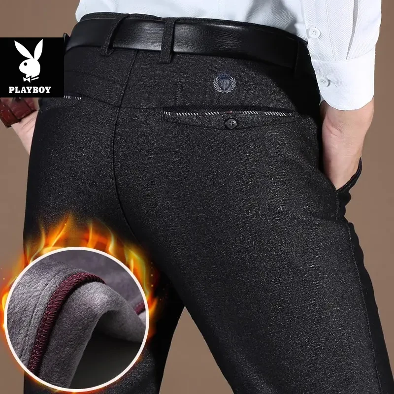 花花公子冬季男士中年加厚加绒休闲裤中老年人爸爸男裤子宽松西裤