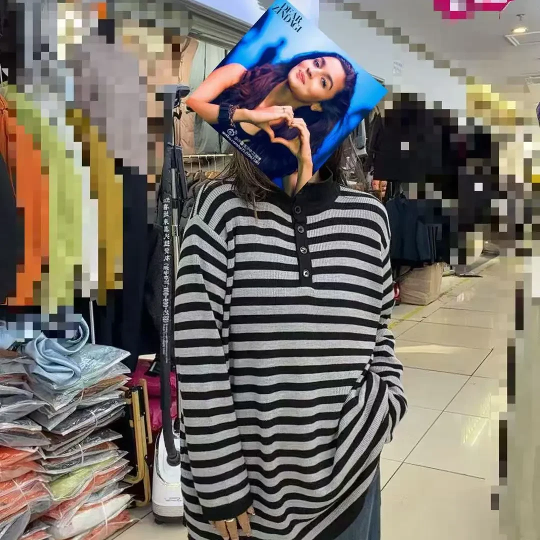 韩版宽松条纹半拉链翻领针织衫女秋冬慵懒风长袖百搭上衣