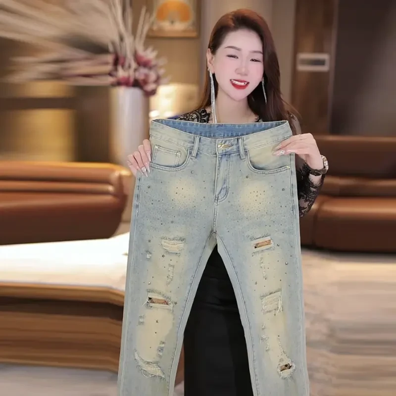 2025春夏新款烫钻破洞牛仔裤复古蓝潮流百搭修身弹力裤子显高显瘦