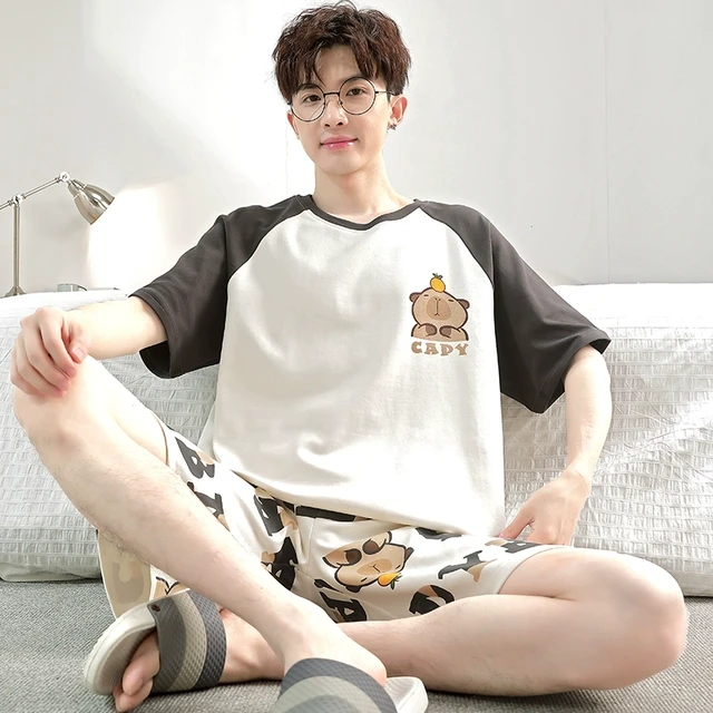 夏季男士睡衣纯棉短袖薄款加大码青少年男款可外穿夏天家居服套装