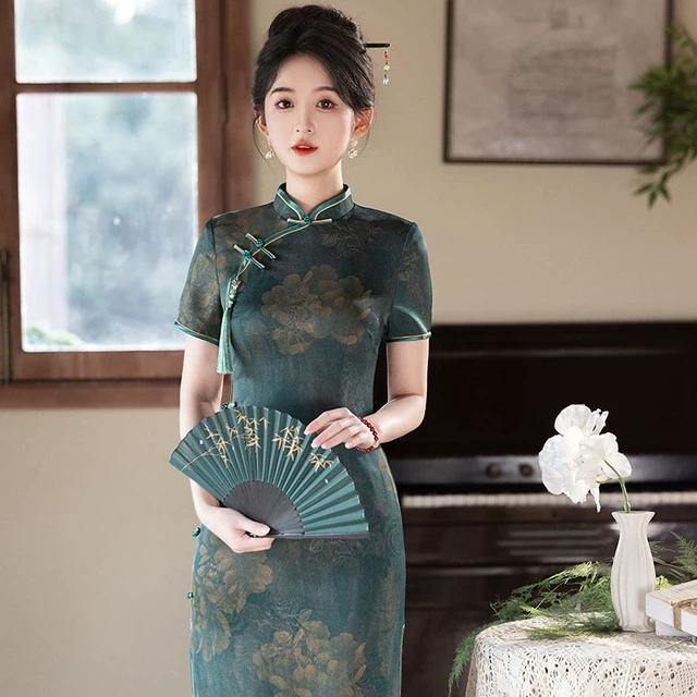 仟金公主2025新款中国风仿醋酸印花旗袍长款改良修身显瘦复古旗袍