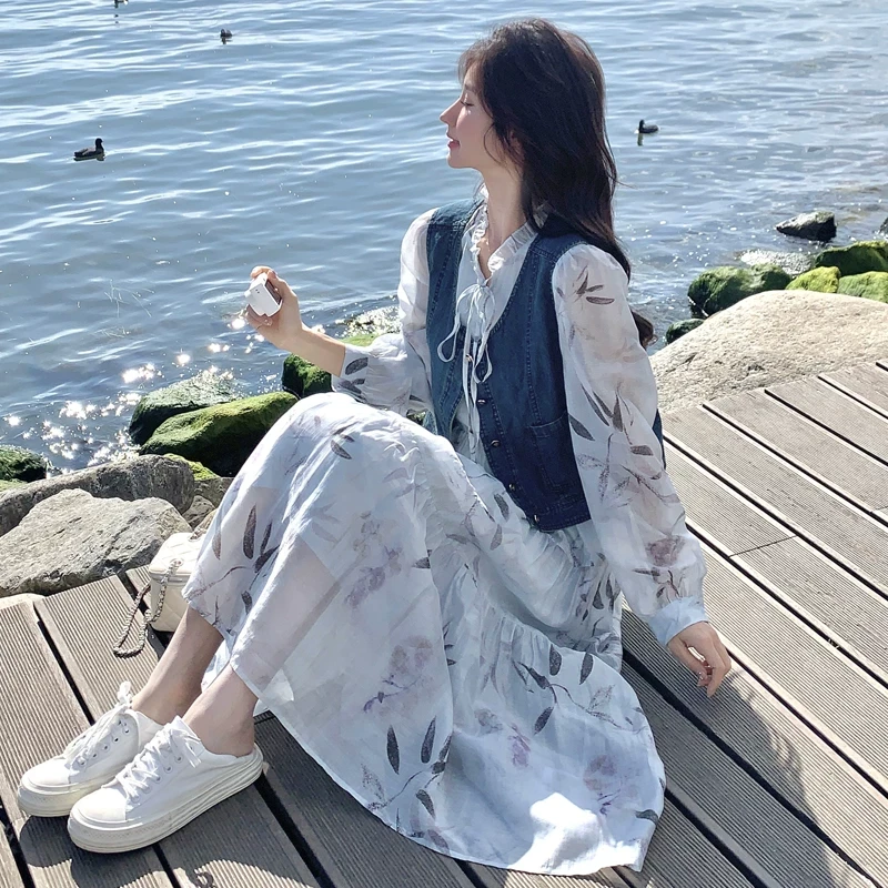 法式牛仔马甲印花连衣裙套装女2025新款春季韩系高级感穿搭一整套