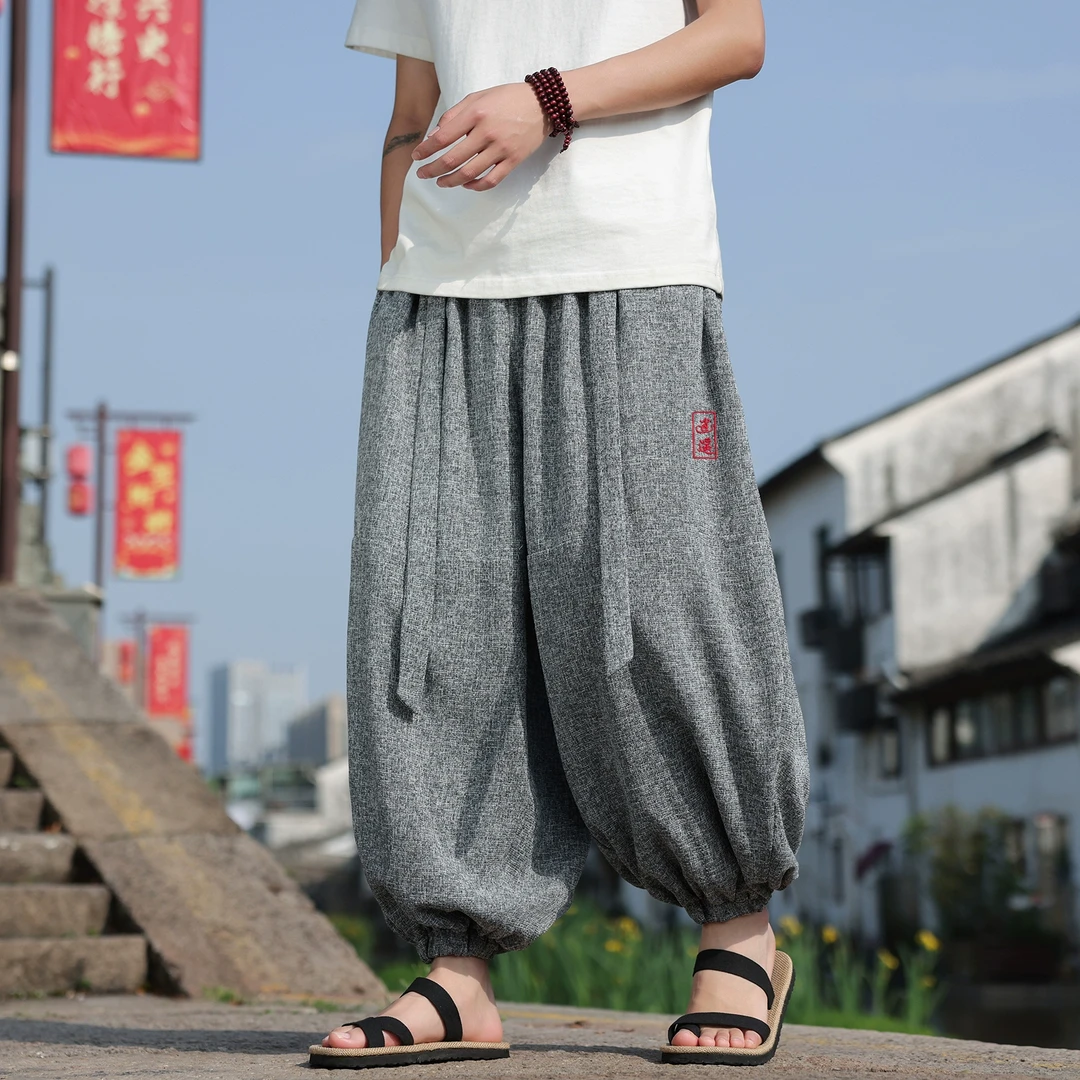 冰丝灯笼雪花裤男士潮牌大码哈伦裤夏季中国风刺绣宽松束脚运动裤