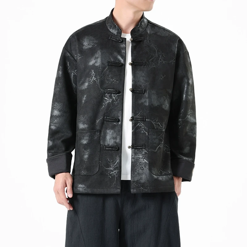 中山装麂皮绒夹克男士复古潮牌扎染设计感上衣中国风盘扣唐装外套