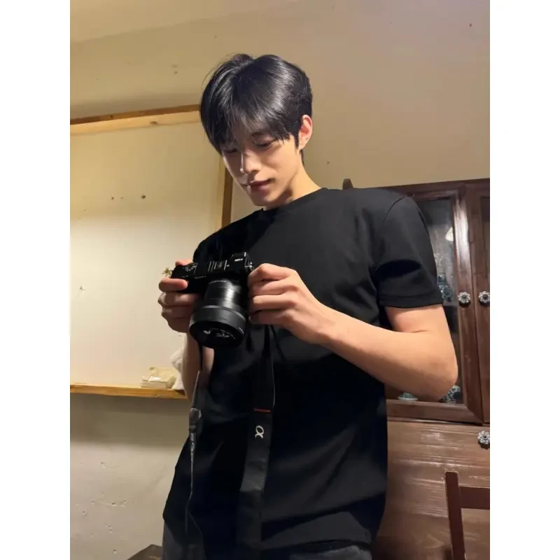 黑色索罗娜凉感T恤男修身夏季冰丝速干小领口短袖高级感健身半袖