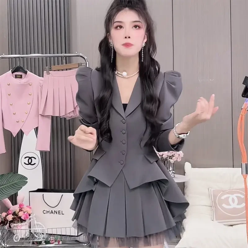 西装2025套装时尚新款小个子两件套百褶上衣高腰百褶裙半身裙