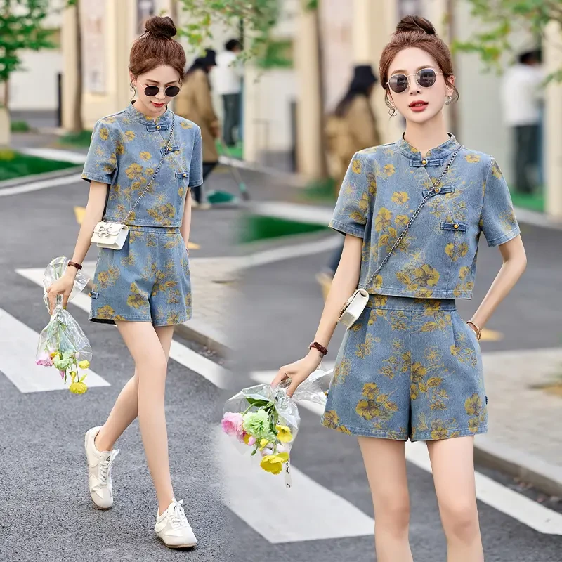 新中式国风盘扣印花牛仔套装女2025夏季新款小个子复古短裤两件套