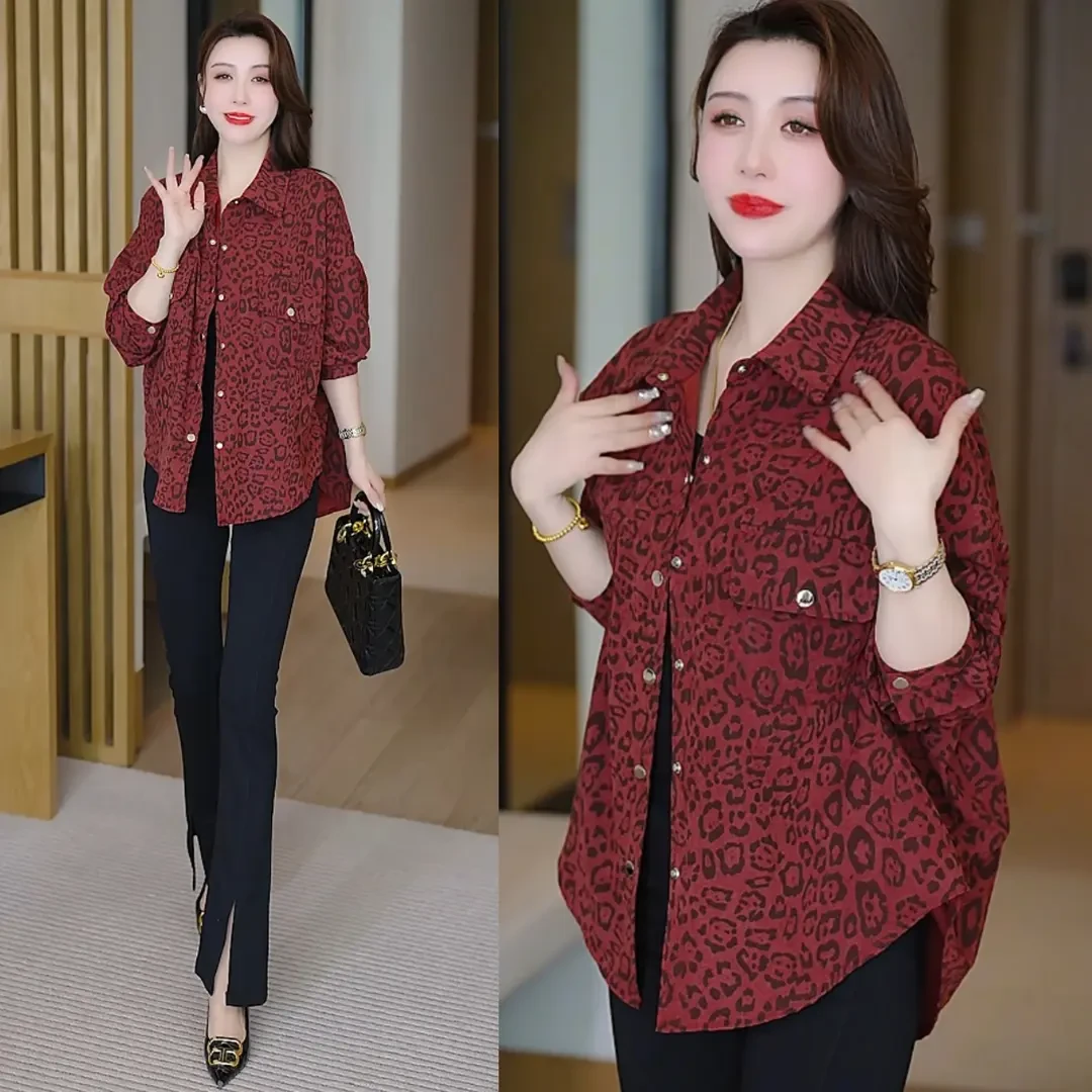 2025早春新款气质显瘦衬衣时尚复古豹纹宽松衬衫韩版百搭春秋上衣