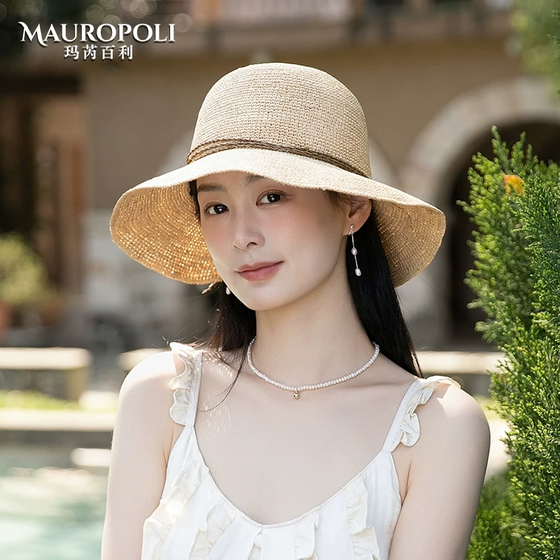 大檐拉菲草草帽女夏季草编遮阳帽女款出游防晒帽遮脸编织渔夫帽子