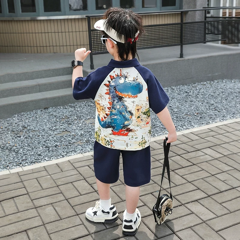 男童夏装卡通恐龙套装2025新款洋气男宝宝polo衫酷帅儿童夏季短袖