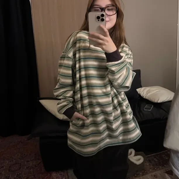 团团·OOTD条纹拼接长袖T恤女宽松显瘦休闲慵懒风上衣