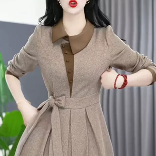 2023时尚气质长袖A字裙子女2025秋季新款收腰显瘦系带中长款连衣